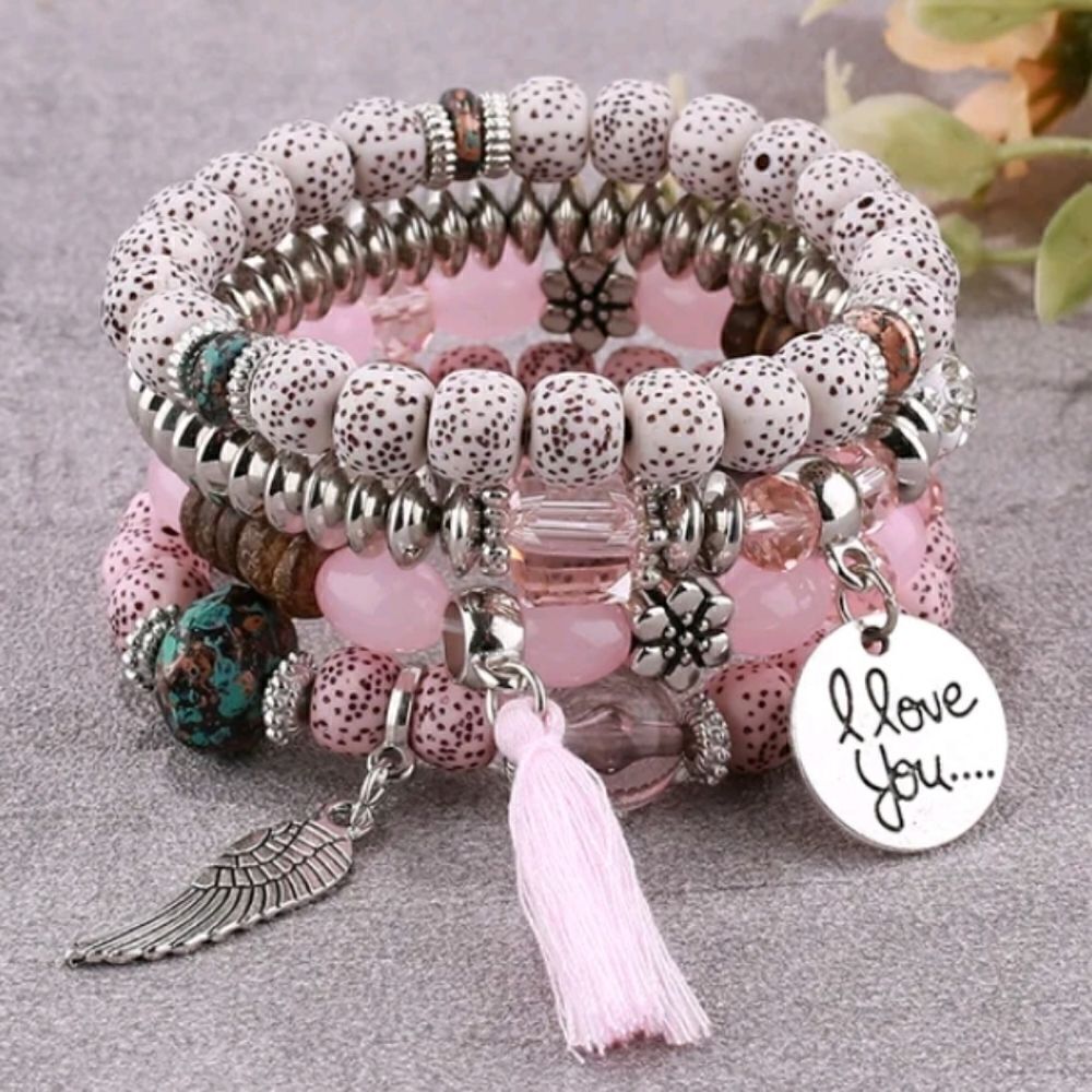 I Love You Heart Charm 4 Piece Boho Beaded Bracelet Set